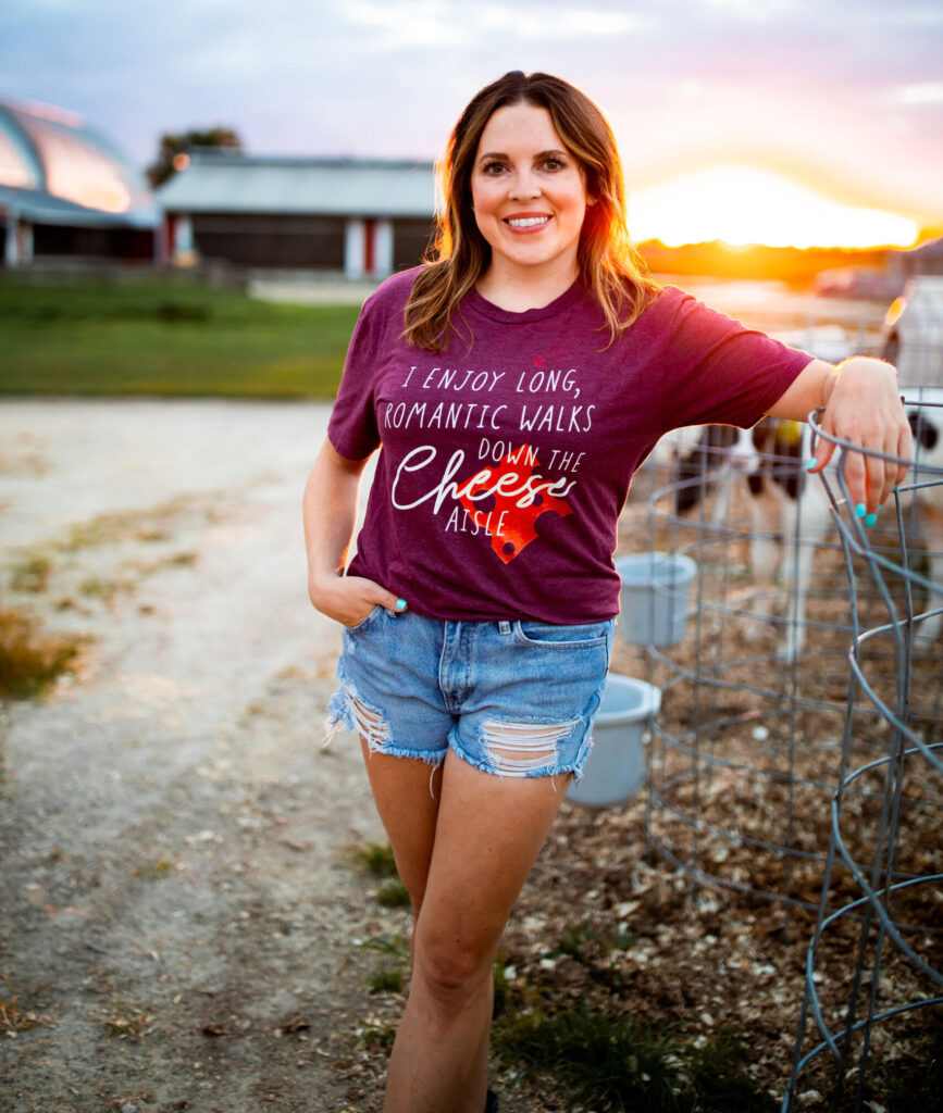 Annaliese Wegner - wearing Modern Day Farm Chick Shirt - I enjoy long romantic walks down the cheese aisle